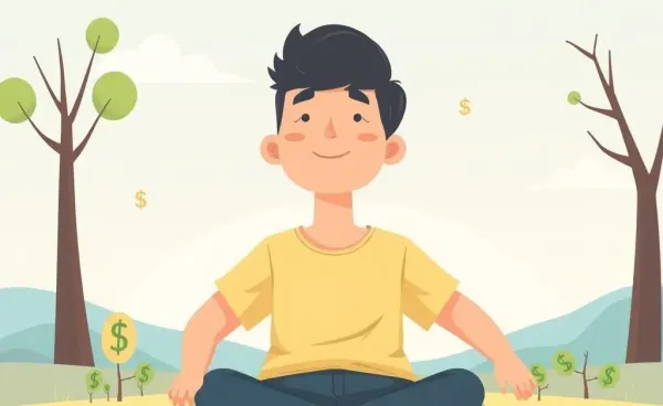 A person sitting calmly under a tree with financial growth symbols surrounding them