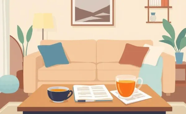 Living room with documents and tea, symbolizing financial planning for life insurance