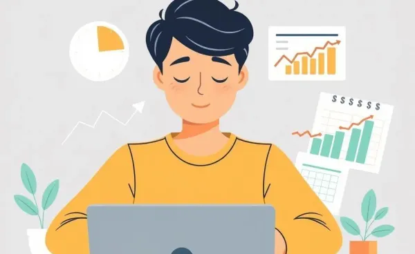 Person managing finances on a laptop with financial charts in the background.