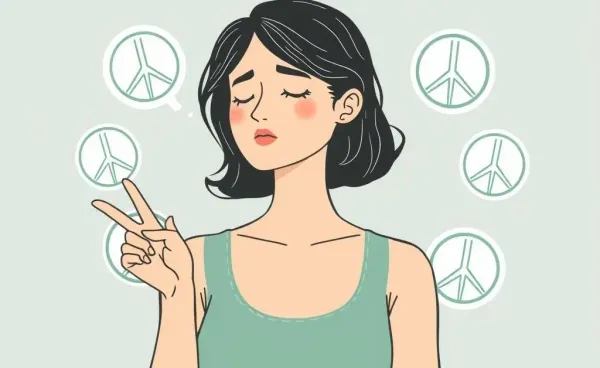 A serene woman contemplating financial decisions with peace signs around her
