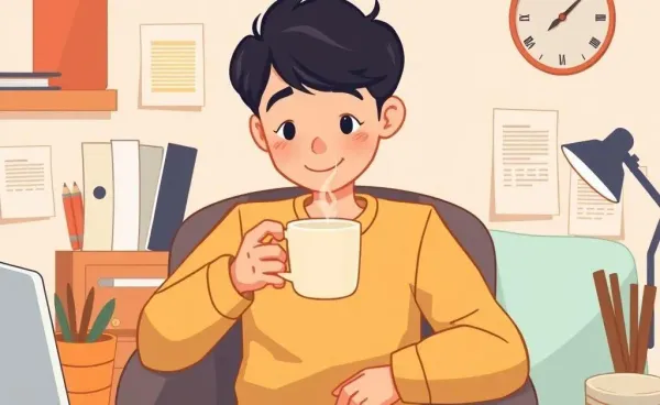 A cozy space with financial planning materials and a person with a cup of tea