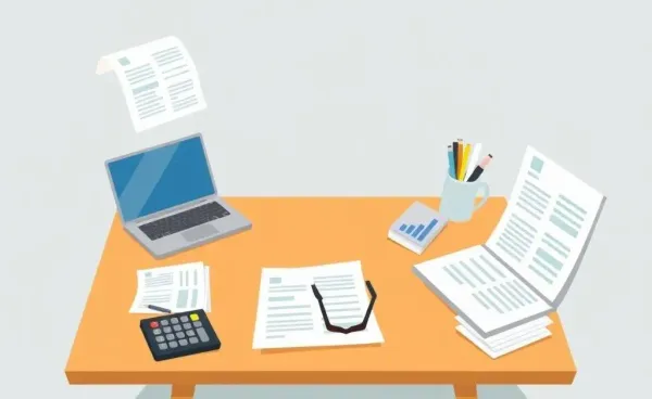 A cartoon image of a financial planner’s desk with financial documents and a calculator.