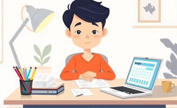 Calm individual planning finances at a desk with documents and laptop.