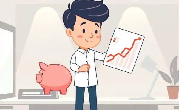 A cartoon-style image of a person balancing a piggy bank and a financial chart.