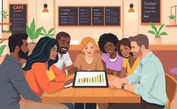 A cartoon-style image of a diverse group reviewing a financial plan at a cozy café.