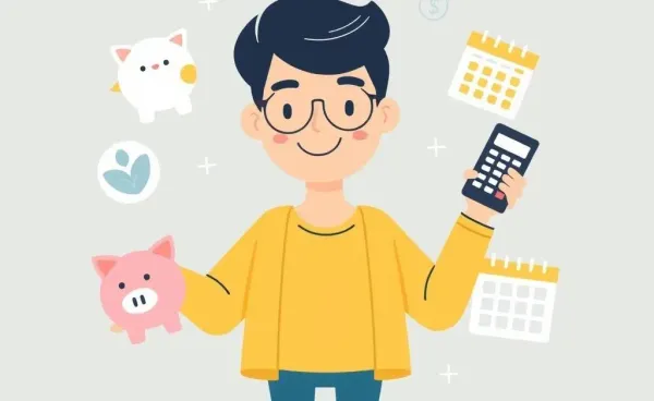 Person planning finances with calendar and piggy bank