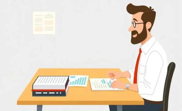 Illustration of a person at a desk consulting financial documents with charts and graphs.