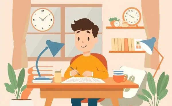 A cartoon-style illustration of a person at a desk planning their finances.