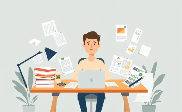 A person at a desk surrounded by budget planners and financial documents
