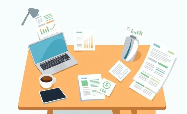 A cartoon-style desk filled with financial documents and a laptop