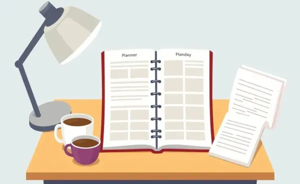 Desk with planner, coffee, and calculator for financial planning