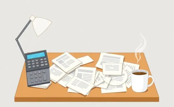 Illustration of a desk with financial documents and a calculator.