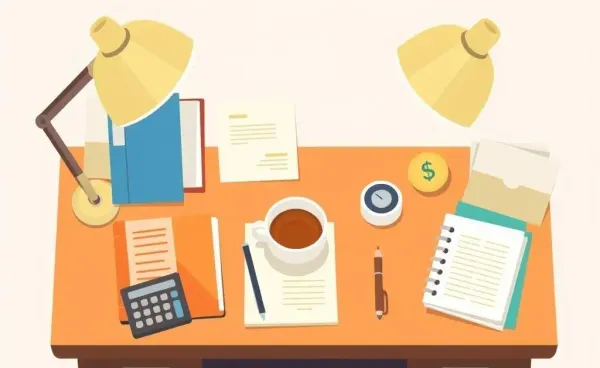 A desk setup for financial planning with notebooks, a calculator, and a cup of tea