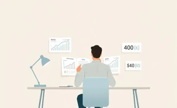 Person sitting at a desk comparing Roth IRA and 401(k) options with charts.