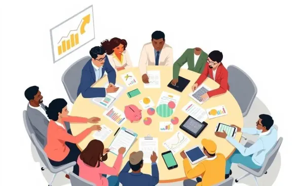 A diverse group of people engaging in financial planning at a round table.