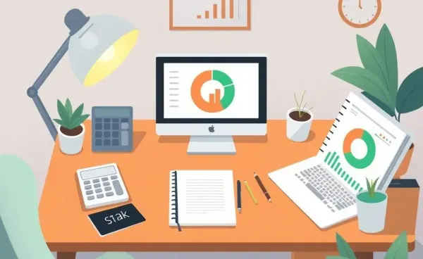 A calming home office desk setup for financial planning with a laptop, calculator, and notebook.