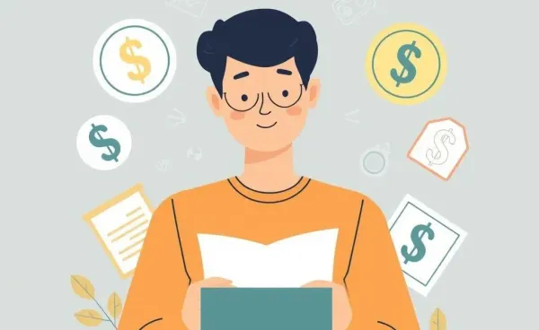 A person planning their financial future surrounded by financial symbols