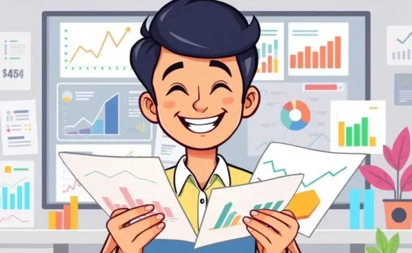 A person happily reviewing financial plans with charts