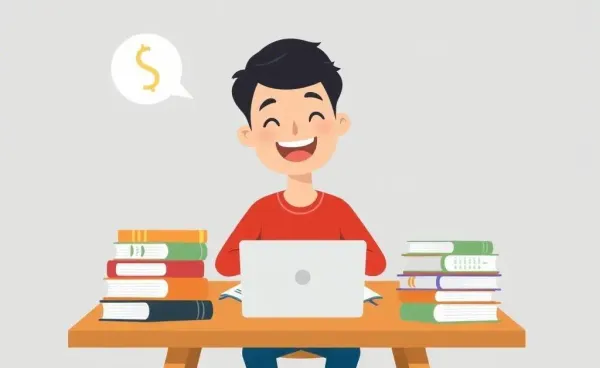 A person joyfully planning finances with books and a laptop