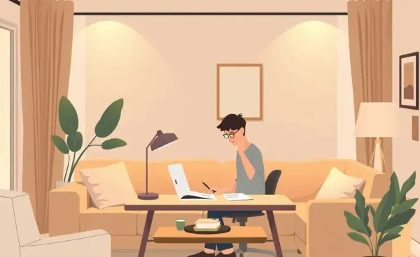 Person planning finances in a cozy living room