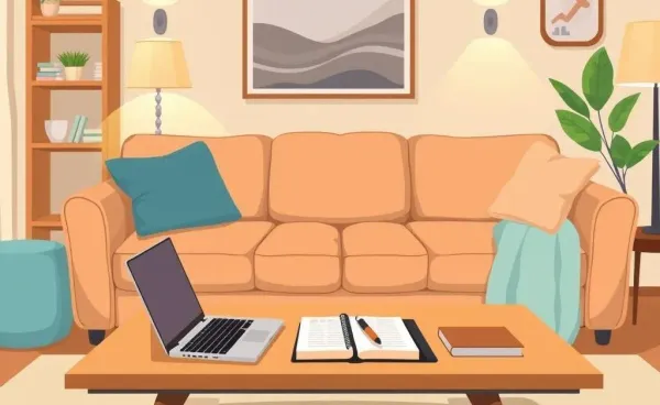 Cozy living room with financial planning setup on the table