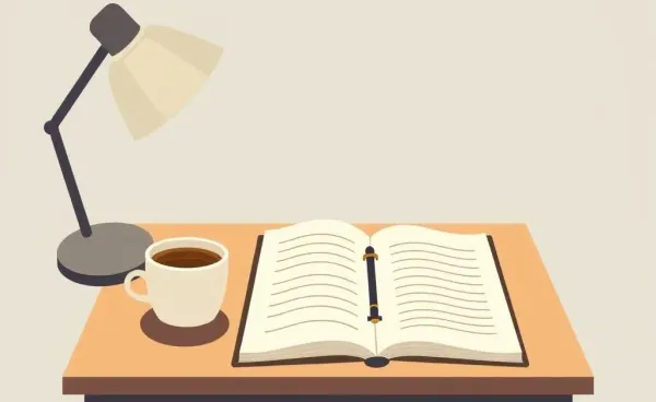 A cozy desk setup with a notebook and coffee cup