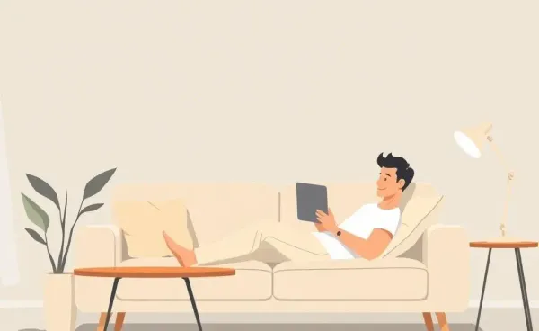 Person relaxing in a living room while checking their budget on a laptop