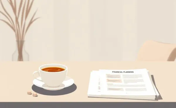 Cozy scene with a teacup and financial planning notes on a table