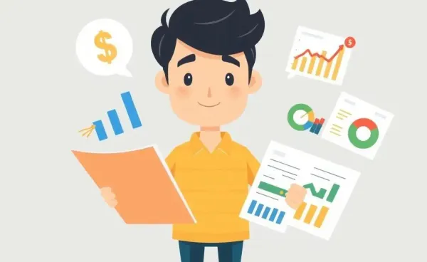 A cartoon-style person planning finance with charts and graphs