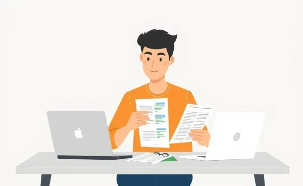 Young person reviewing financial documents at a desk with a laptop.