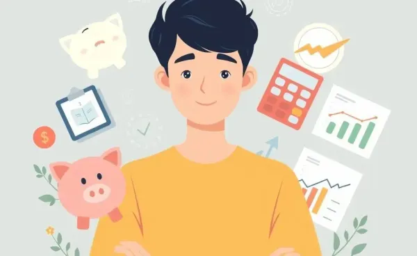 A young adult using financial planning tools and charts.