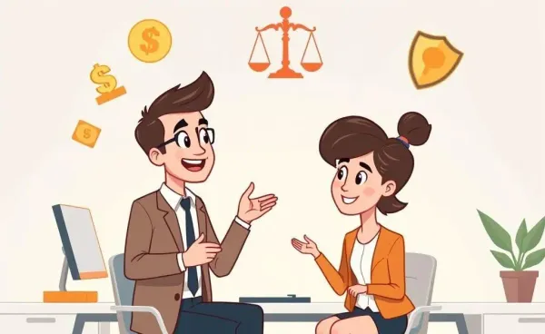 A friendly financial advisor explaining concepts to a person with symbols of money, justice, and protection.