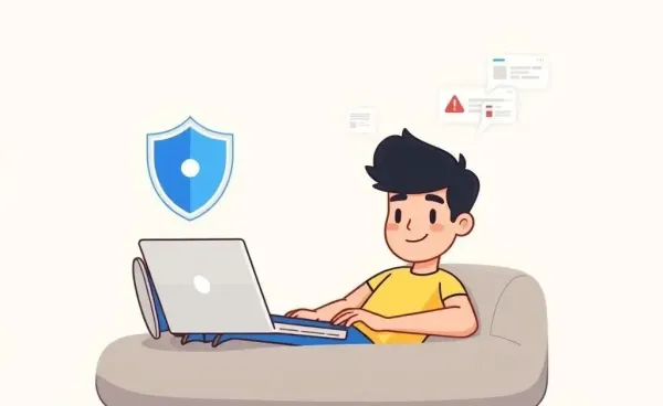Person protected from online scams by a shield