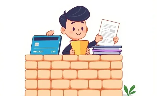 A protective wall around personal finances with credit cards and documents.
