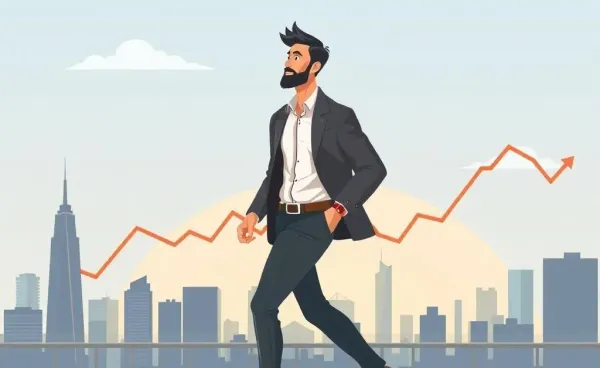 Person walking through a cityscape with financial graphs