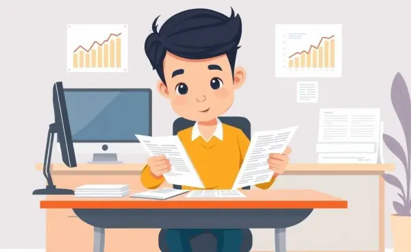 Cartoon illustration of a person reviewing financial statements at a desk
