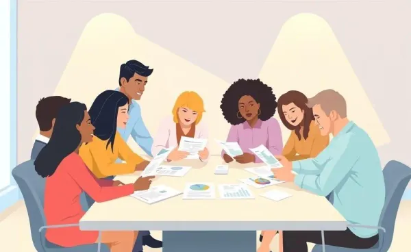 A diverse group of people analyzing financial documents.