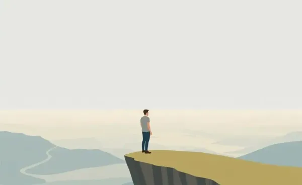 A person calmly contemplating financial risks at the edge of a cliff.