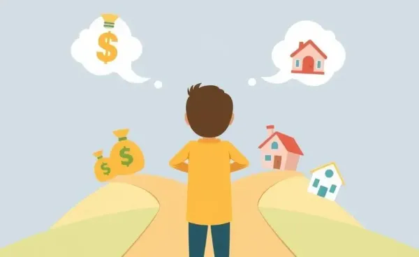 Illustration of a person at a financial crossroads with money symbols