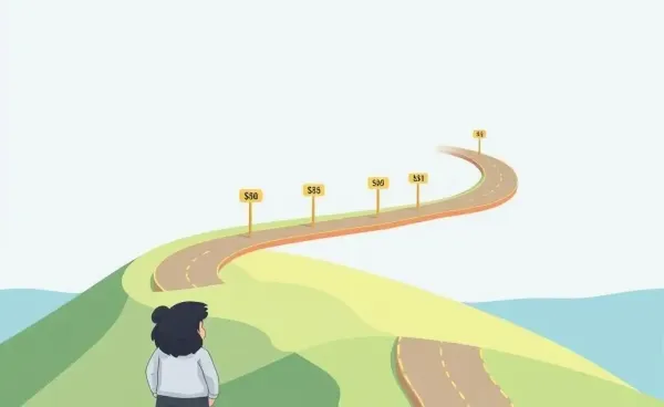 Illustration of a winding road leading to retirement with financial milestones along the way