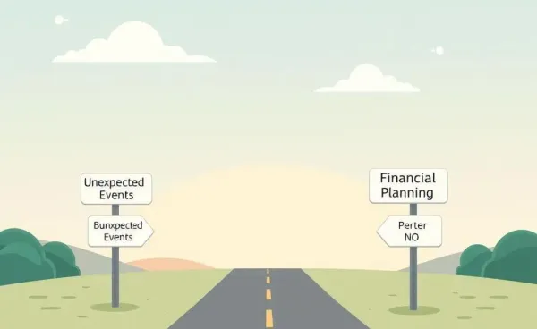 A serene cartoon landscape featuring crossroads with financial planning directions.