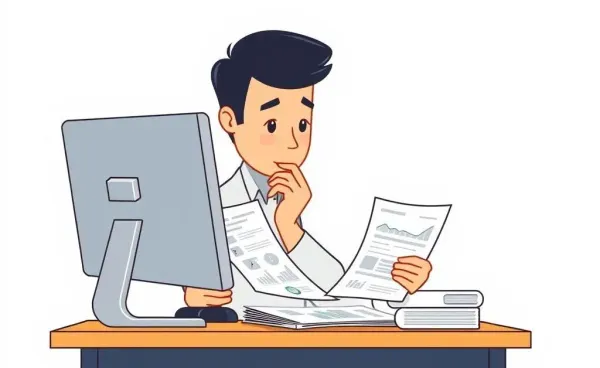 A person thoughtfully reviewing financial documents at a desk with a computer.