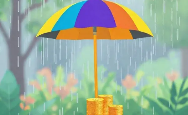 Illustration of an umbrella protecting coins from rain
