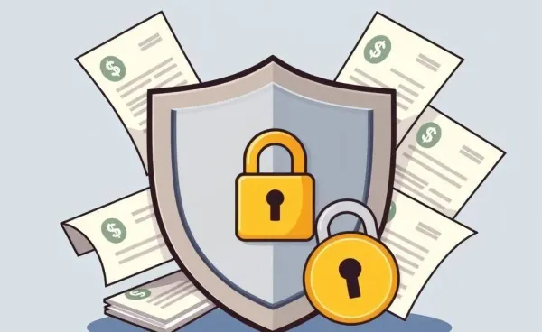 Cartoon shield protecting financial documents with a lock