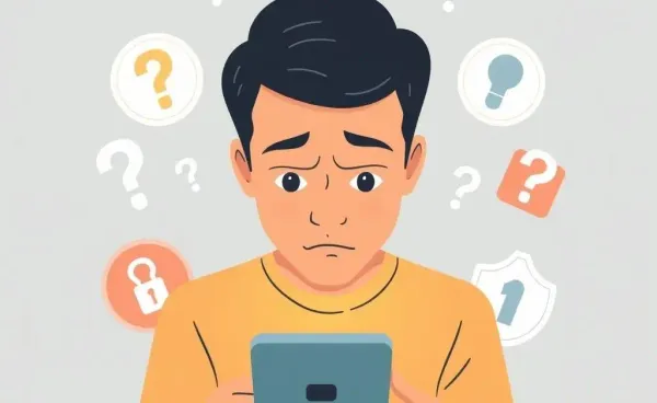 Person checking phone with security symbols around