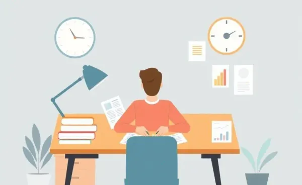 A person sitting at a neat desk reviewing financial documents calmly.