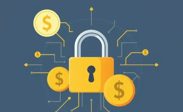 Abstract image of financial security featuring a digital lock and currency symbols