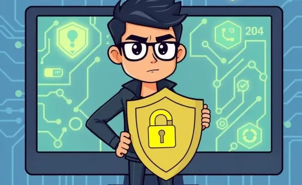 A person holding a shield in front of a computer representing financial security protection