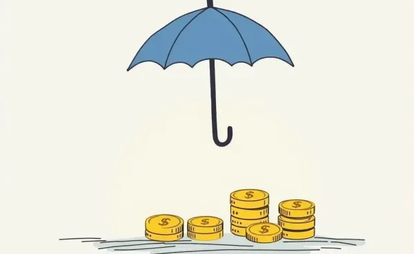 A serene scene with an umbrella and coins symbolizing financial security