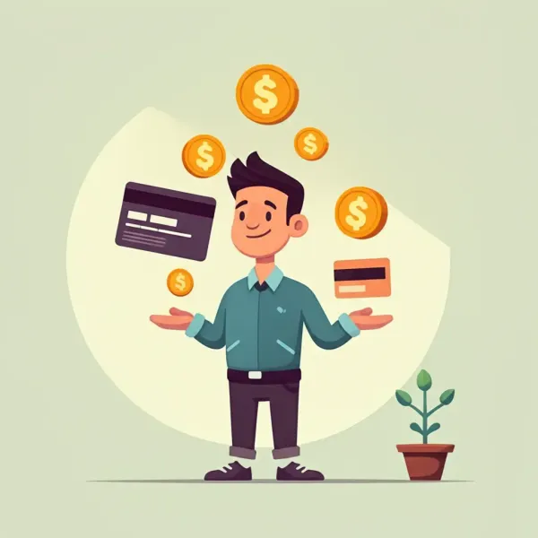 A person juggling financial elements like coins and credit cards